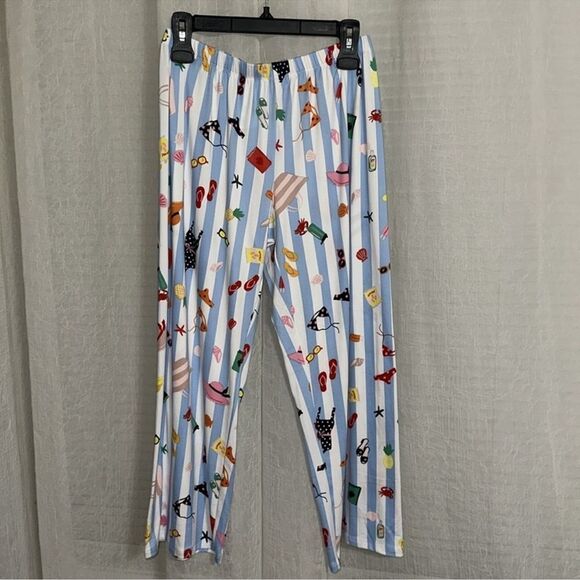 kate spade S White Aqua Blue Vertical Stripe Beach Themed Top Crop Pants PJ Set - Picture 8 of 11